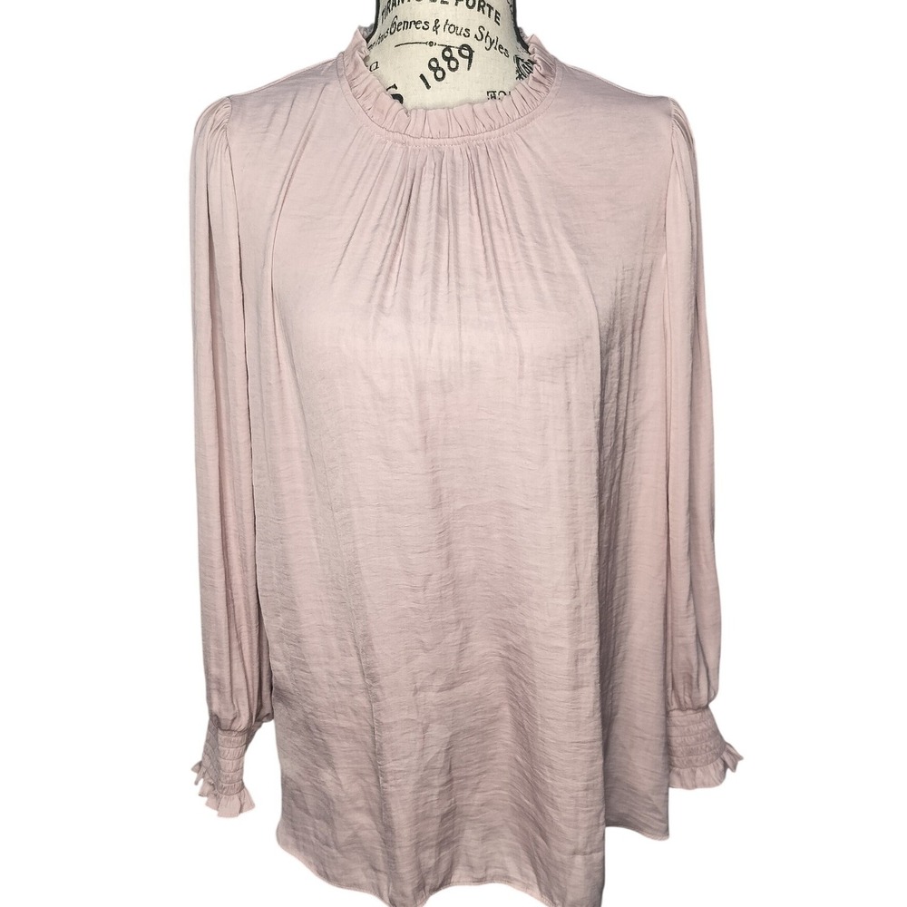Maison d'Amelie Paris Womens L Ruffle Mock Neck Blouse Dusty Rose Cuffed Sleeve